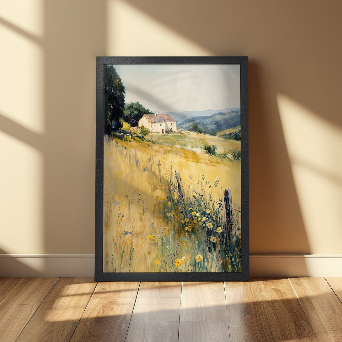 Framed Poster of a serene countryside landscape painting in warm yellow and green tones. Perfect wall art for a cozy home.