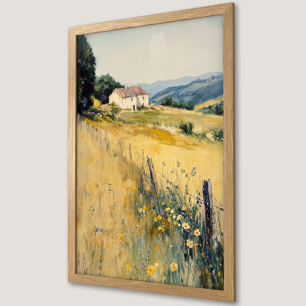 Framed Poster of a serene countryside landscape painting in warm yellow, blue, and green tones, perfect for home decor.