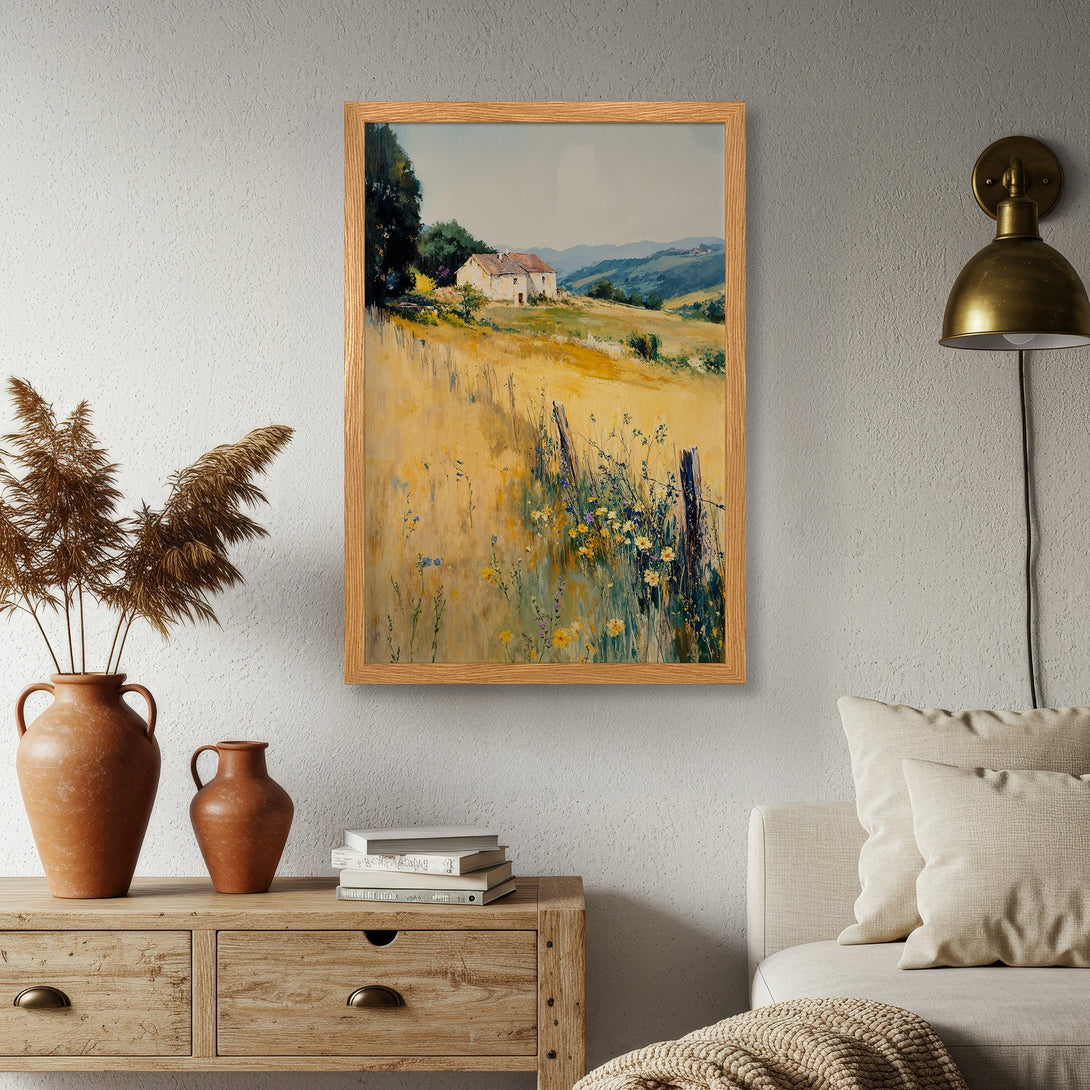 Framed Poster of a serene landscape painting in a warm, inviting color palette. Perfect wall art for a cozy home.