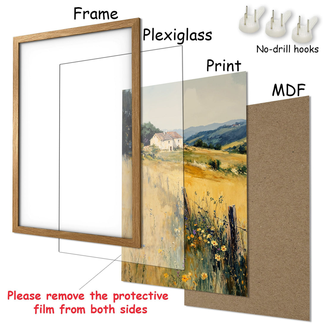 Framed Poster of a serene landscape painting in warm yellows and greens. Rustic style, perfect for home decor.