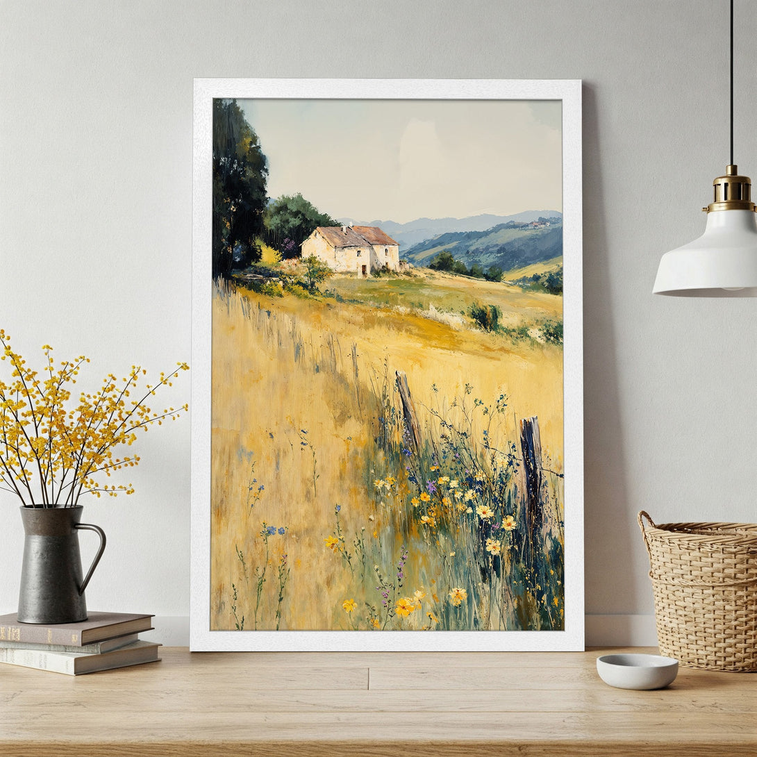 Framed Poster of a serene landscape painting with a farmhouse, in a warm yellow and green color palette. Perfect wall art!