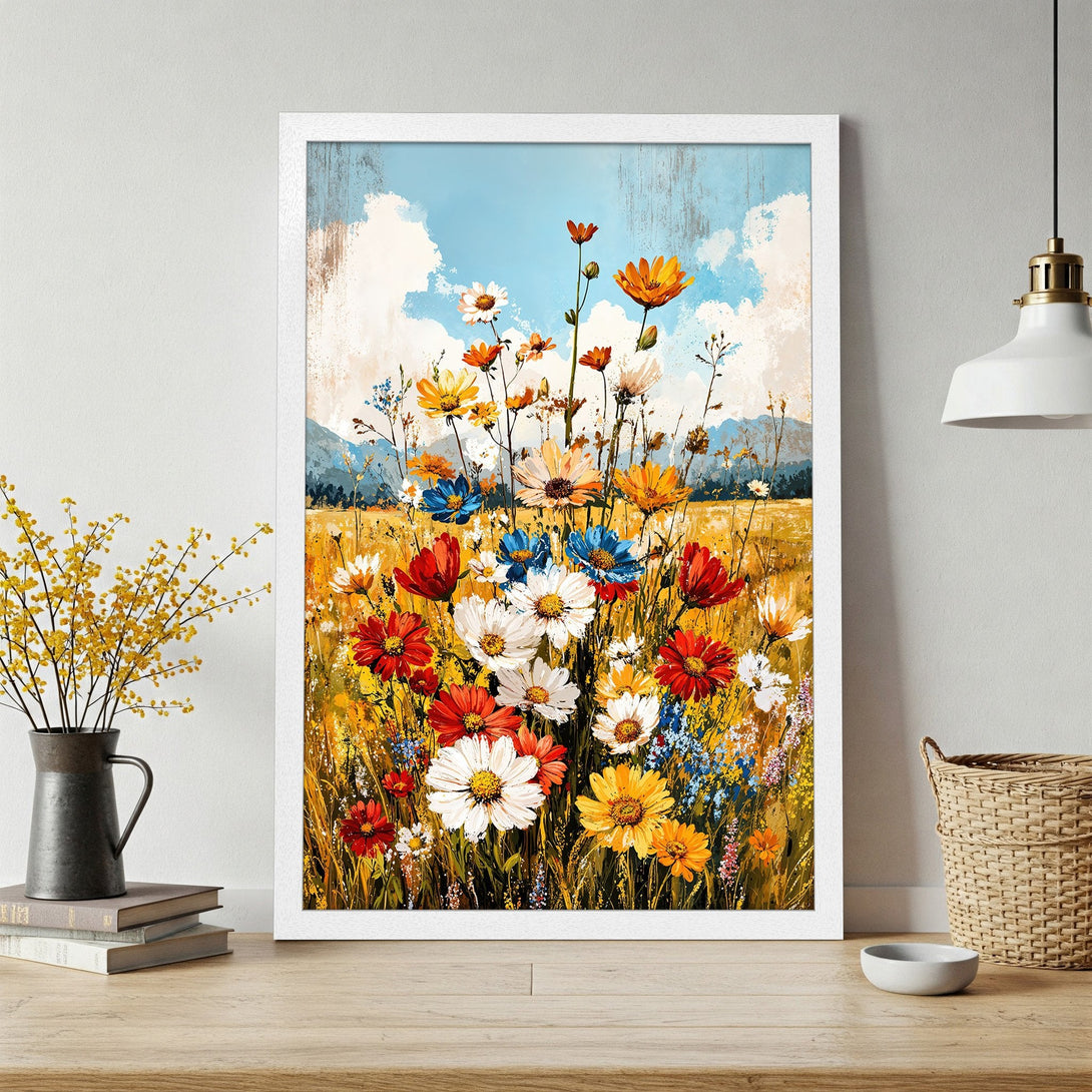 Framed Poster featuring vibrant wildflowers in an impressionistic style, with a warm yellow, blue, and red color palette, perfect wall art.