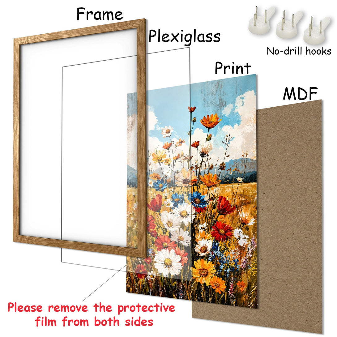 Framed Poster of colorful wildflowers in a field. Impressionistic style with a warm, vibrant color palette. Ready to hang.
