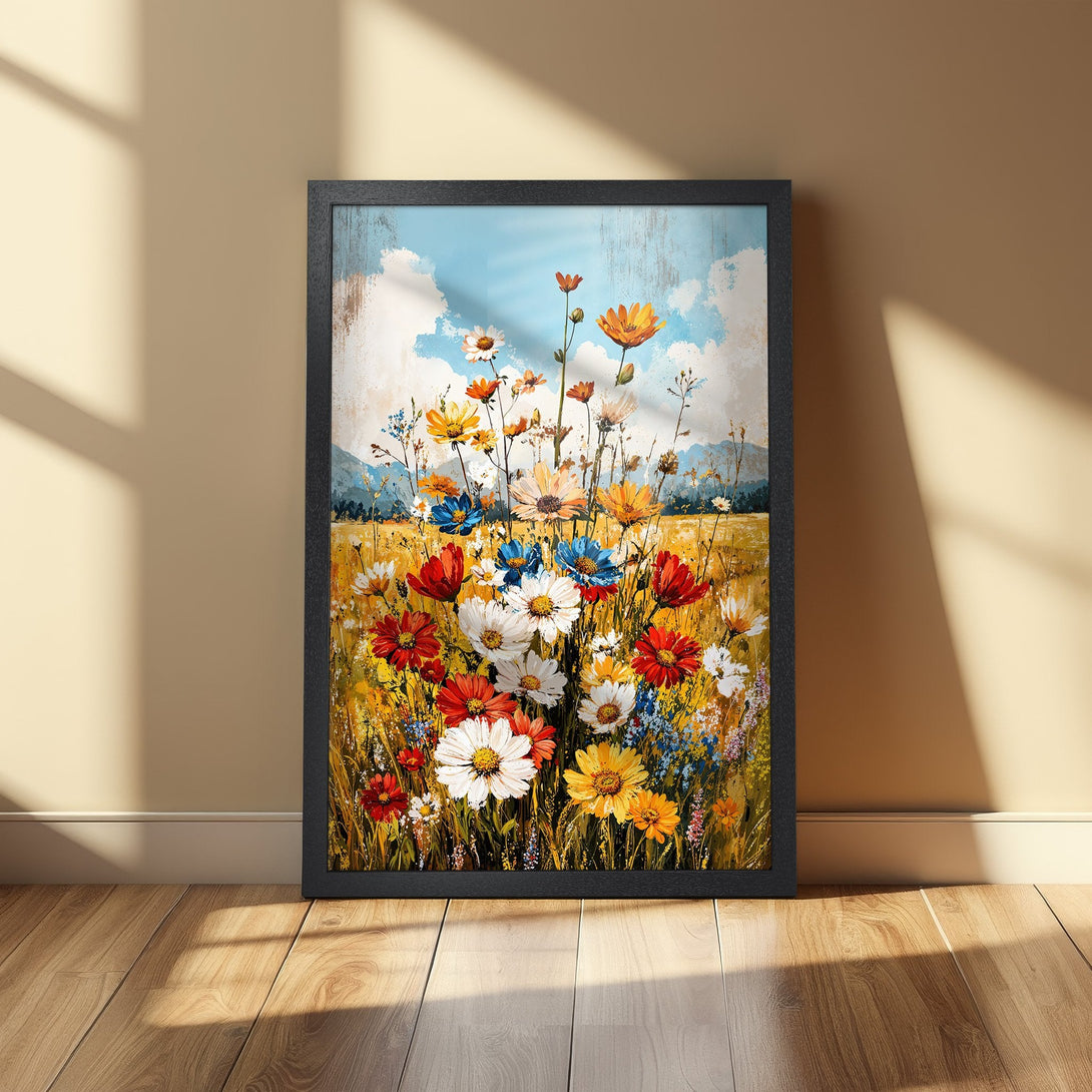 Framed Poster featuring vibrant wildflower art in a painterly style with a warm, colorful palette. Perfect wall decor!