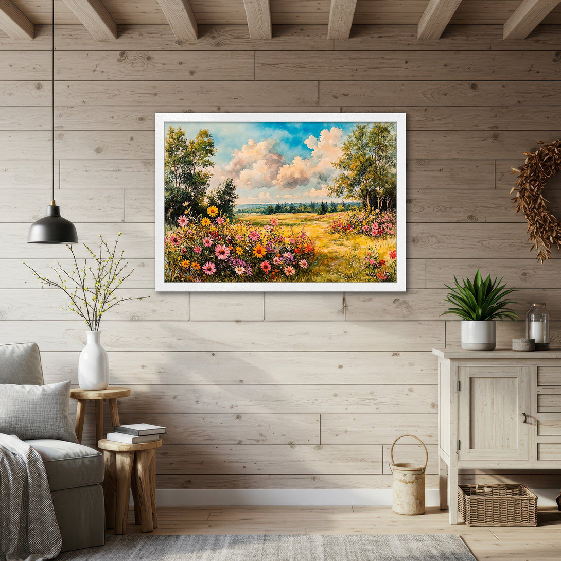 Framed Poster of a vibrant wildflower meadow painting. Beautiful art in a white frame, perfect for adding color and style to your home.