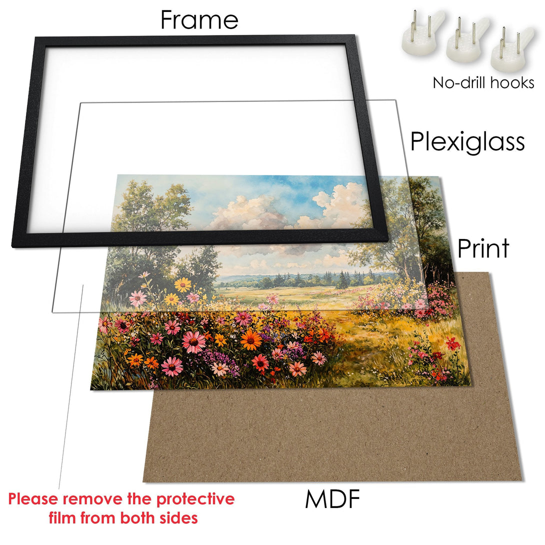 Framed Poster featuring a vibrant floral landscape painting, with a black frame. The artwork showcases a colorful palette of blues, greens, and yellows.