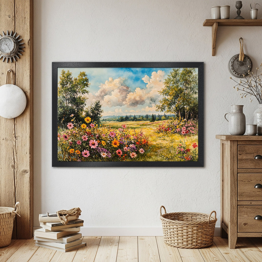 Framed Poster of a vibrant watercolor landscape with flowers, trees, and a blue sky. Warm, natural color palette.