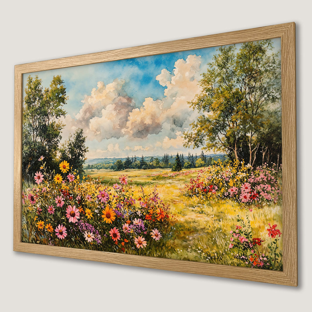 Framed Poster of a vibrant watercolor landscape with wildflowers, trees, and a bright sky. Warm, inviting color palette. Perfect wall art!