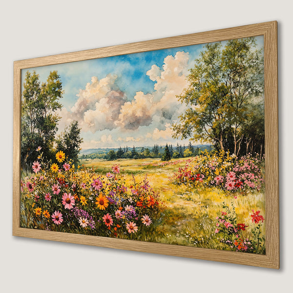 Framed Poster of a vibrant watercolor landscape with wildflowers, trees, and a bright sky. Warm, inviting color palette. Perfect wall art!