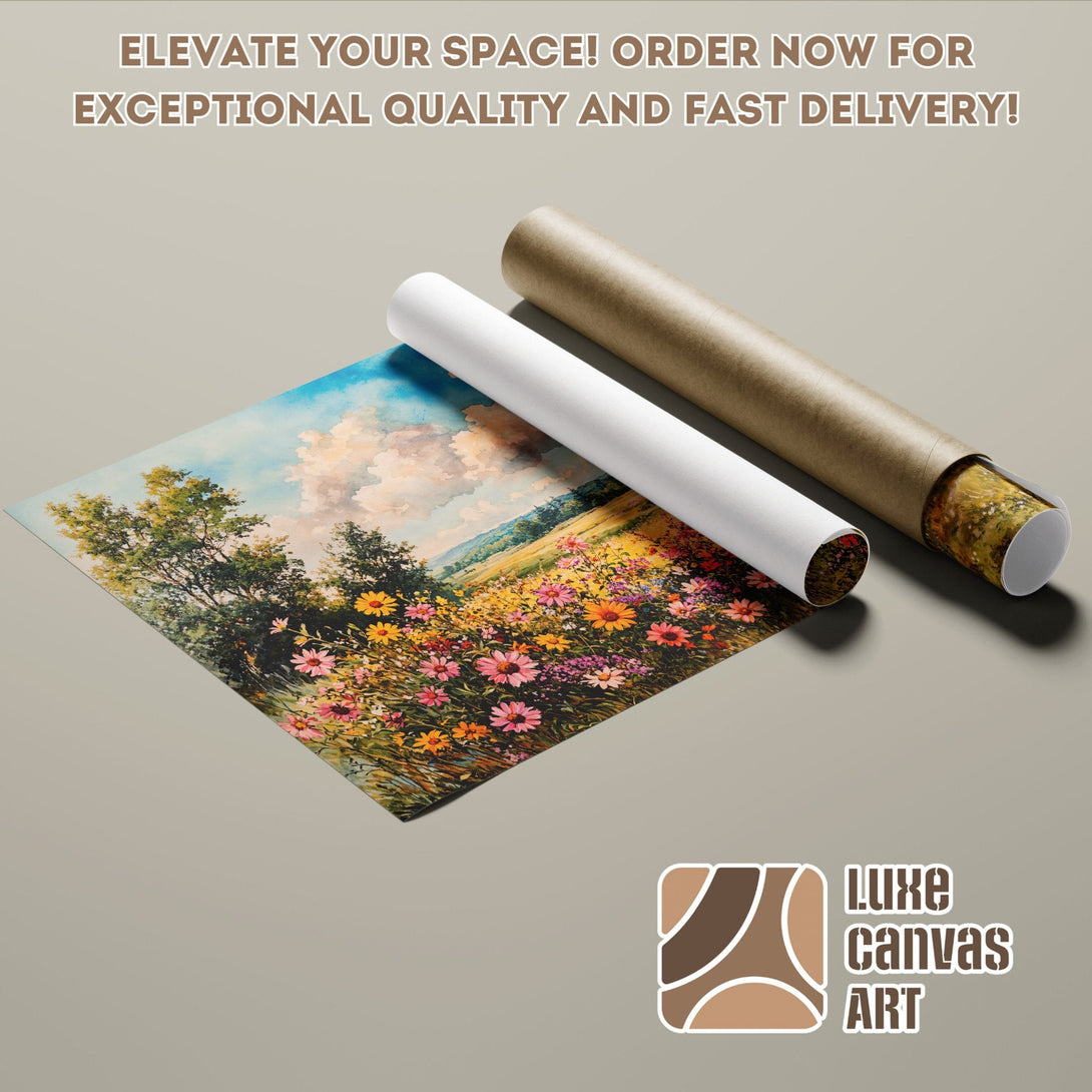Poster Roll featuring a vibrant floral landscape painting in watercolor style, with a warm color palette.