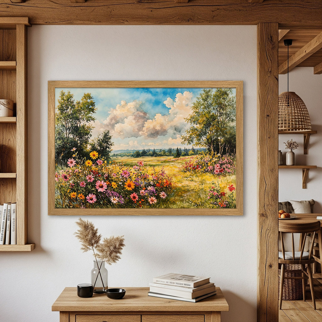 Framed Poster of a vibrant watercolor landscape with colorful wildflowers. Earthy tones and a calming, nature-inspired aesthetic. Perfect wall art.