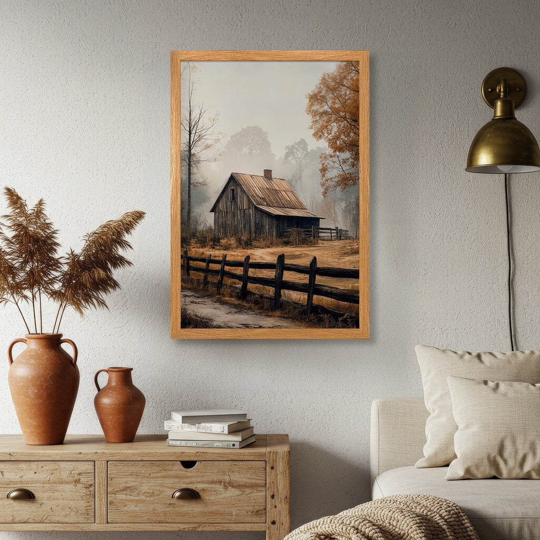 Framed Poster of a rustic barn in a serene, foggy landscape. Warm, earthy tones create a cozy, inviting atmosphere. Perfect wall decor!