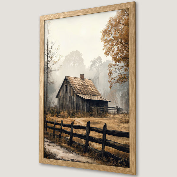 Framed Poster: Rustic barn art print in warm autumn tones. Landscape painting with a vintage, cozy feel. Perfect wall decor.