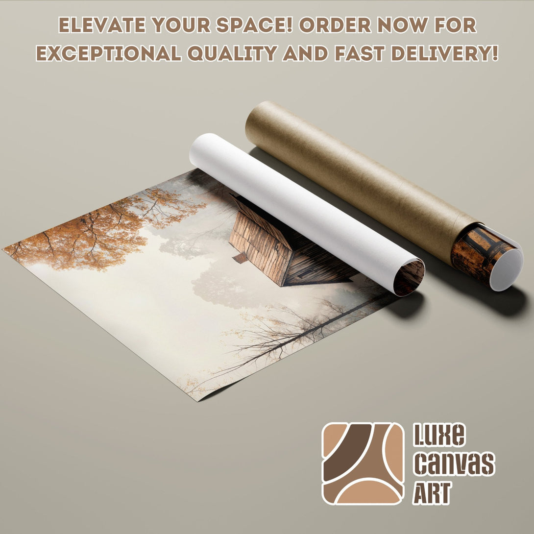 Poster Roll featuring a rustic cabin in a warm, neutral color palette. Order your art today!
