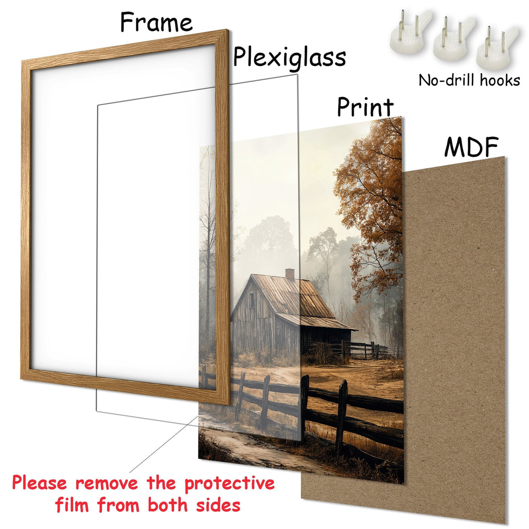 Framed Poster of a rustic cabin scene in warm, earthy tones. Perfect for adding cozy charm to your home!