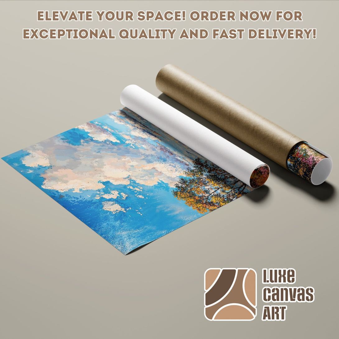 Poster Roll featuring a vibrant landscape painting with blue, yellow, and brown tones. Elevate your space with this art poster!