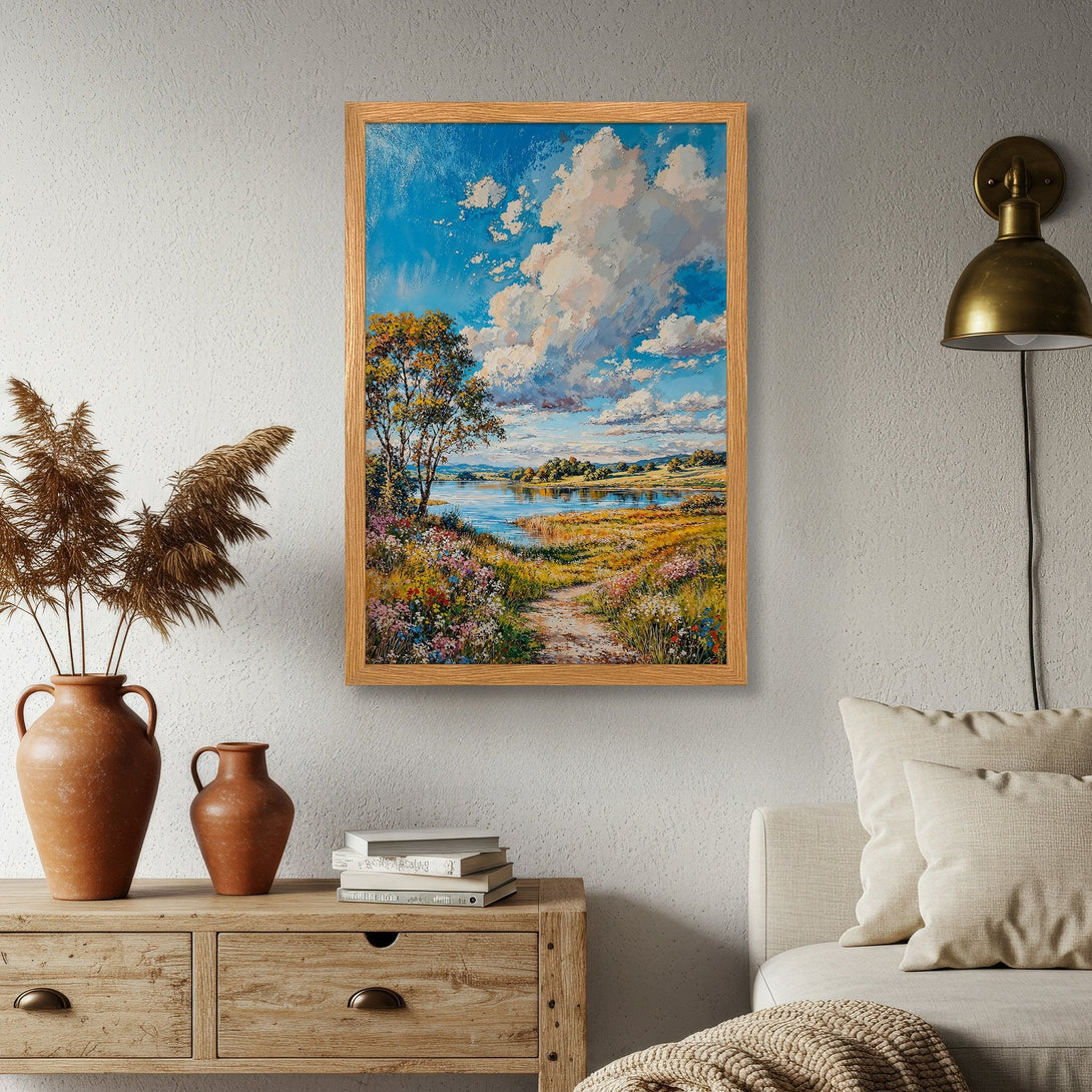 Framed Poster of a serene landscape painting with blue, green, and yellow hues. Enhance your space with this beautiful art piece!
