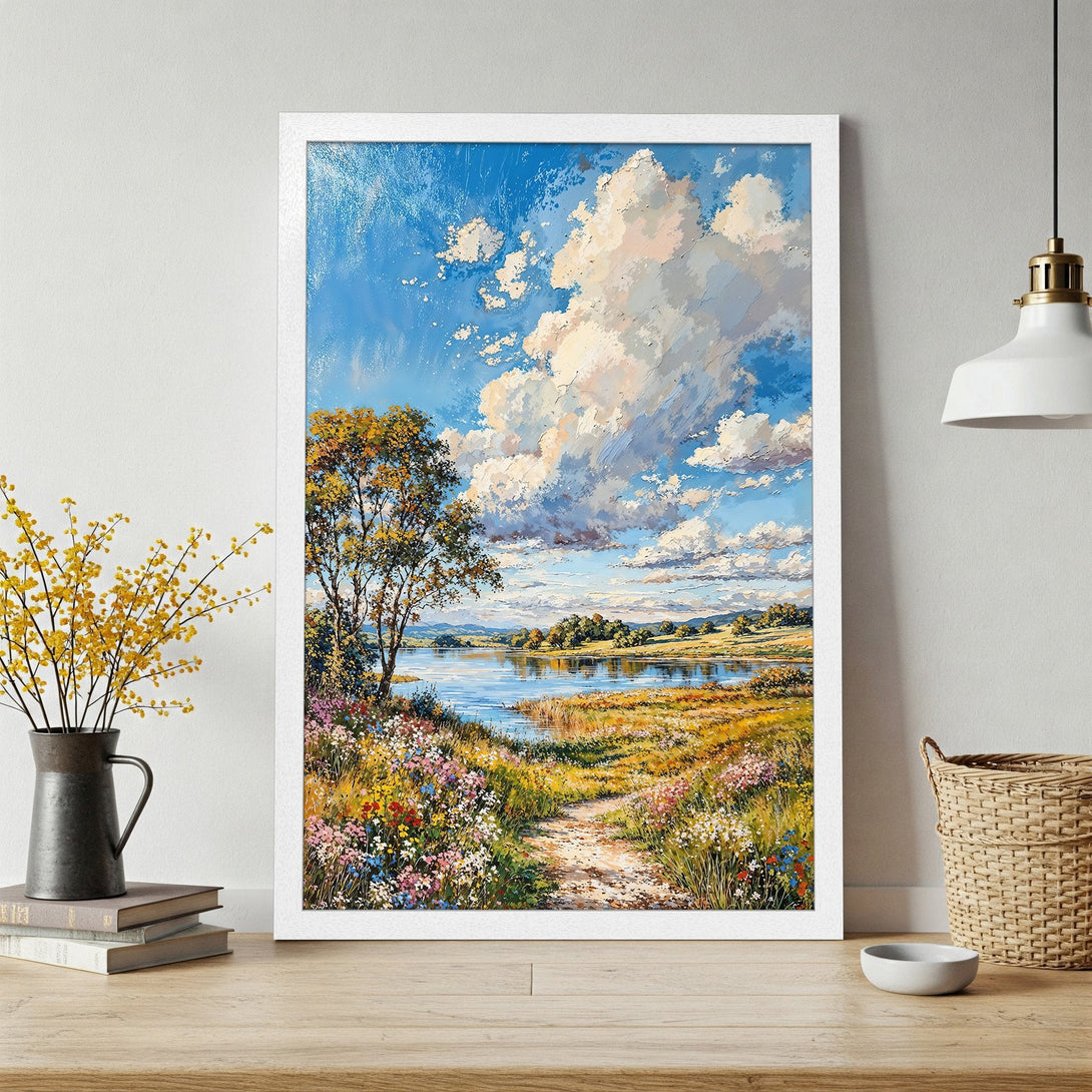 Framed Poster of a serene landscape painting with a blue sky, impressionist style, and a warm color palette. Perfect wall art!