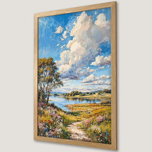 Framed Poster of a serene landscape painting with a blue sky, clouds, and a river. Warm color palette.