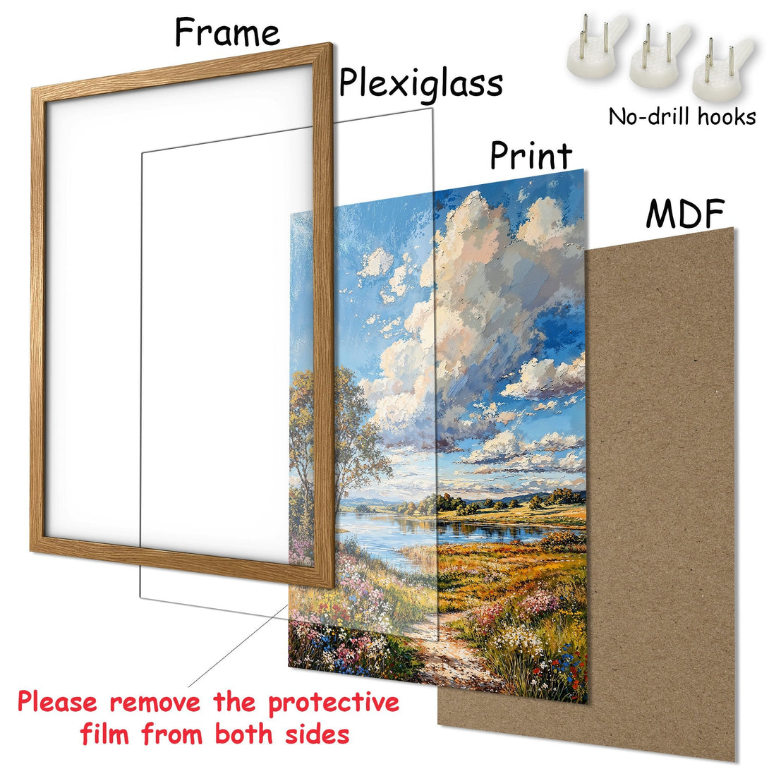 Framed Poster: Landscape art print with blue sky, vibrant colors, and wooden frame. Perfect wall decor!