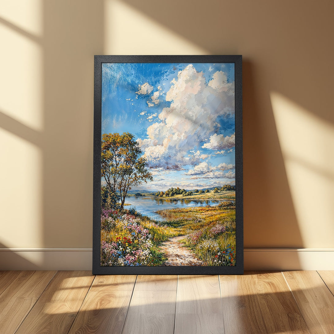 Framed Poster of a serene landscape painting with blue sky, white clouds, and vibrant colors. Perfect wall art for any home!