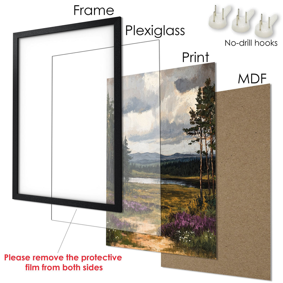 Framed Poster featuring a landscape painting in a muted color palette. Perfect wall art for any room.
