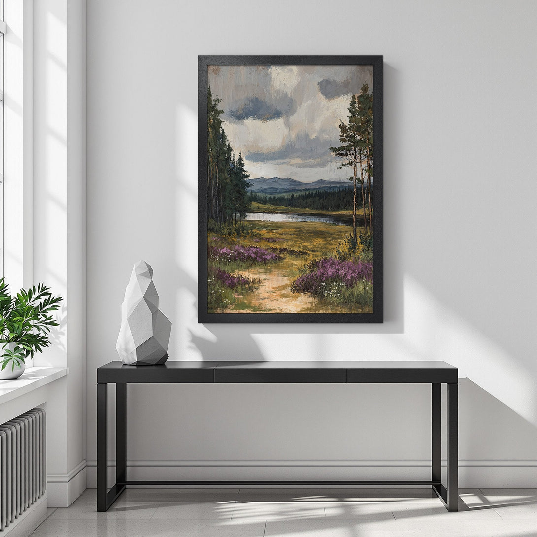 Framed Poster of a landscape painting with a natural, muted color palette. Perfect wall art for any room!