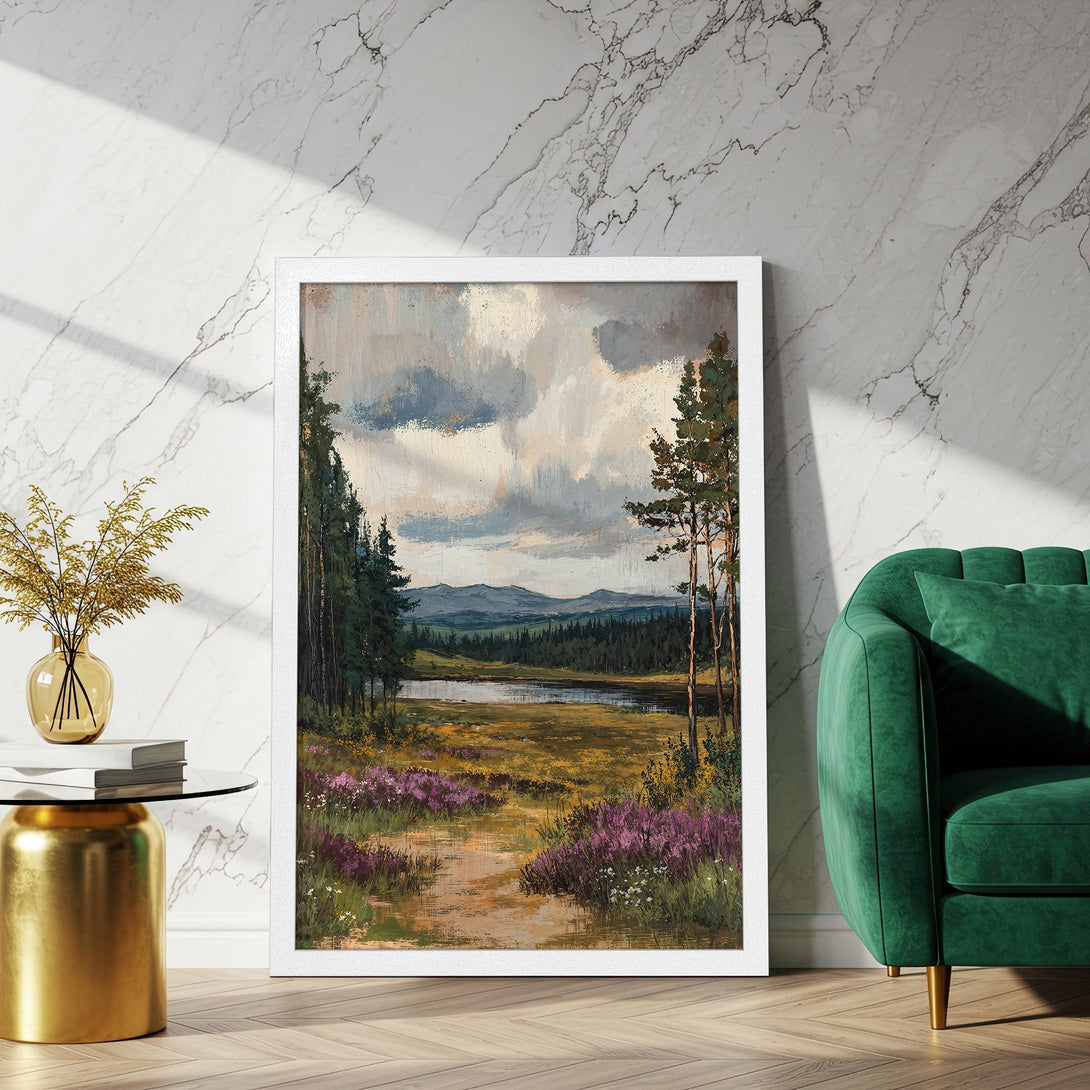 Framed Poster of a serene landscape painting in a muted color palette, perfect for adding a touch of nature to your home.