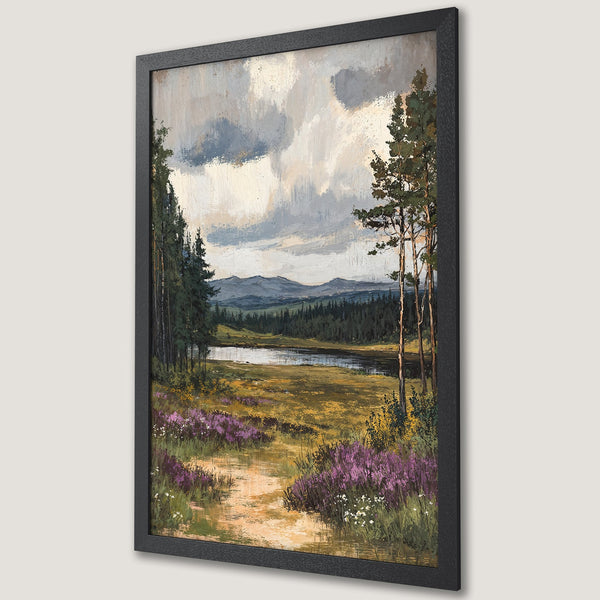 Framed Poster of a serene landscape painting. Features a lake, trees, and mountains in a muted color palette. Perfect wall art!