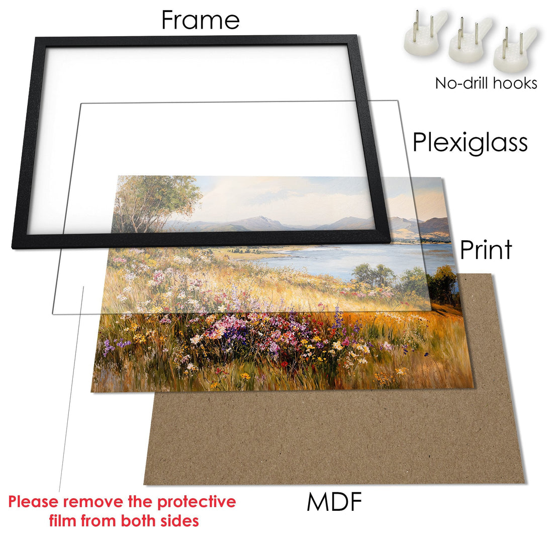 Framed Poster of a vibrant landscape painting with a warm color palette. Enhance your space with this beautiful art print.