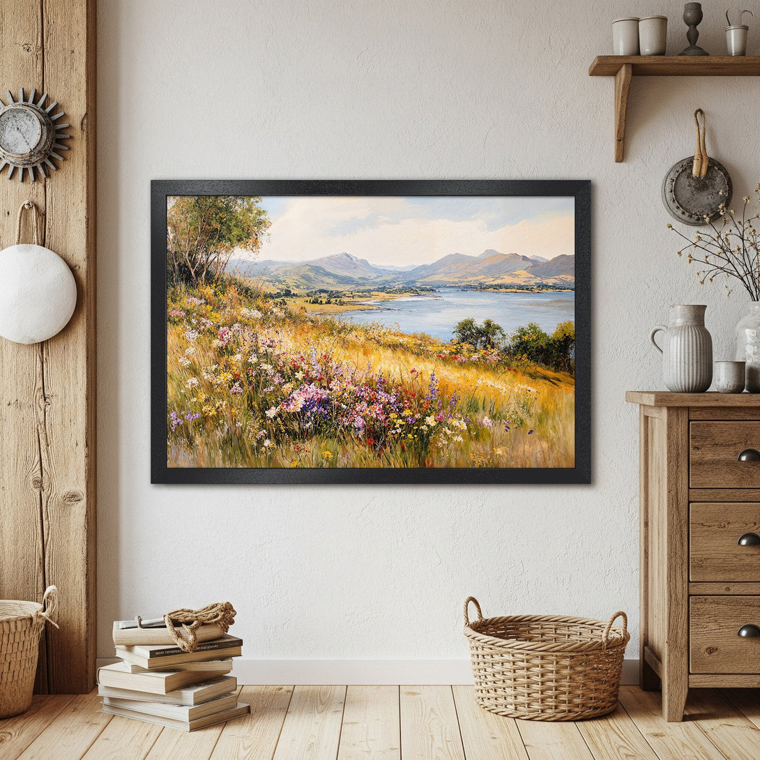 Framed Poster of a scenic landscape painting. Featuring a colorful meadow, mountains, and lake. Warm, earthy tones. Perfect wall art!