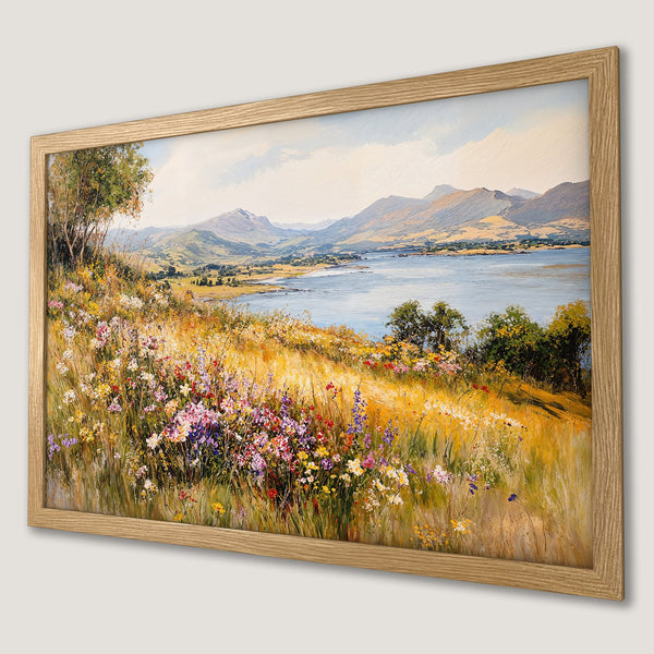 Framed Poster of a vibrant landscape painting with wildflowers, mountains, and a lake. Warm, natural color palette.