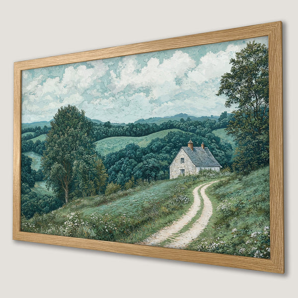 Framed Poster of a serene landscape with a cottage. Impressionistic style, green and blue color palette. Perfect wall art!