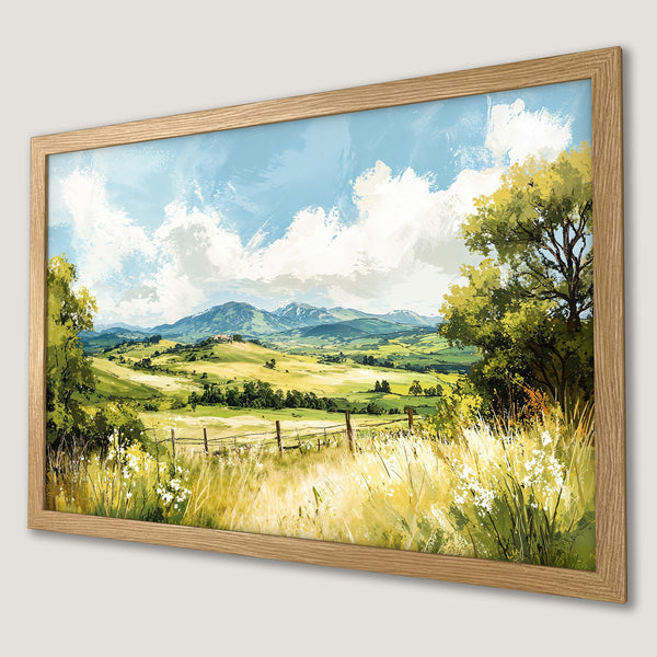 Framed Poster: Scenic landscape art print in green, yellow, and blue hues. Perfect for home decor.