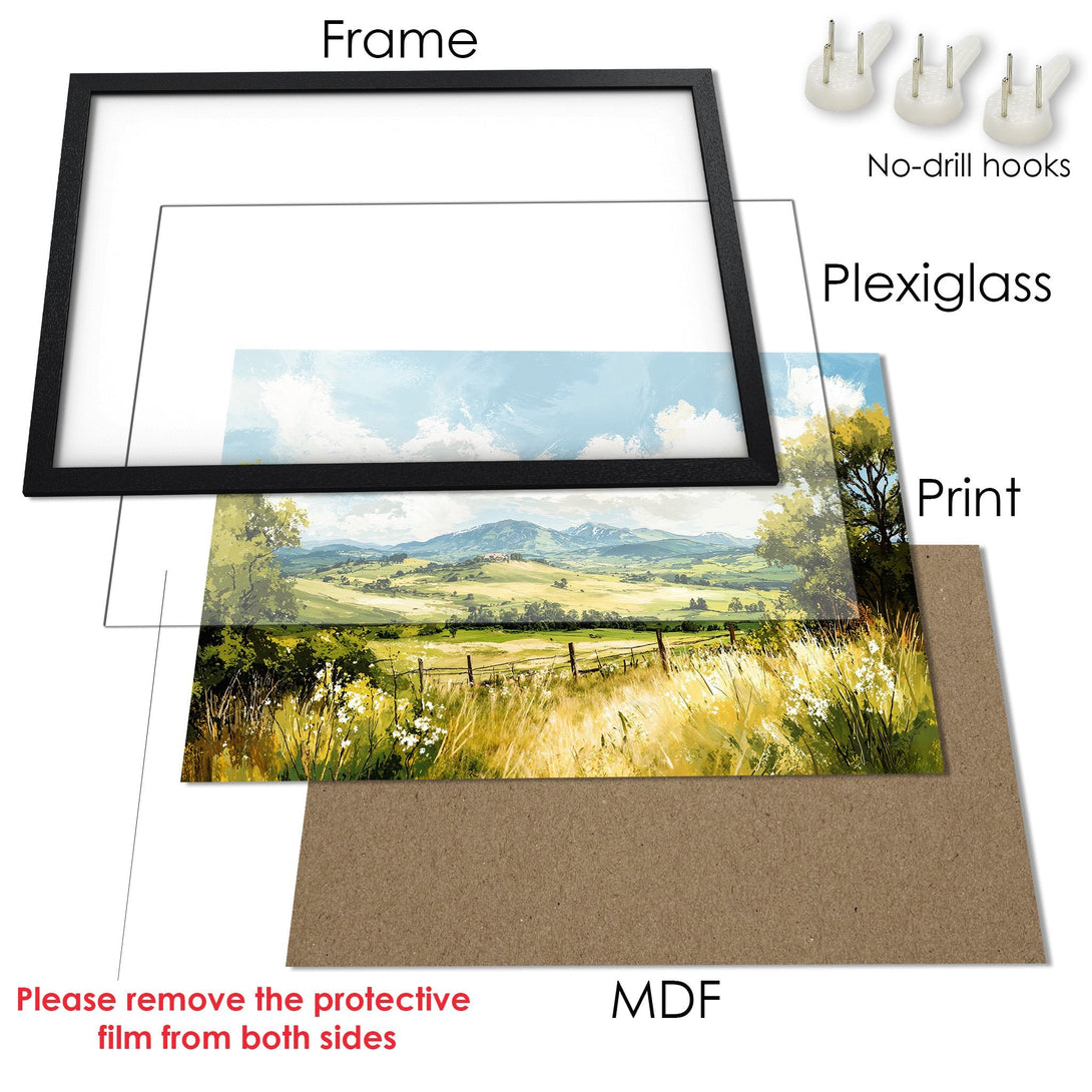 Framed Poster featuring a landscape painting in a natural color palette. Perfect wall art for your home!