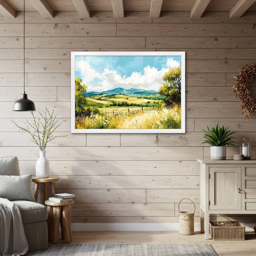 Framed Poster featuring a watercolor landscape with a green and yellow color palette, perfect for adding a touch of nature to your home.