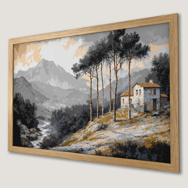 Framed Poster of a serene landscape painting in grayscale and gold tones, perfect for adding a touch of elegance to your home.