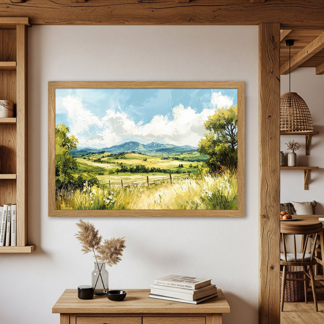 Framed Poster of a scenic landscape painting in a warm, inviting style with a natural color palette of greens, blues, and yellows. Perfect wall art!