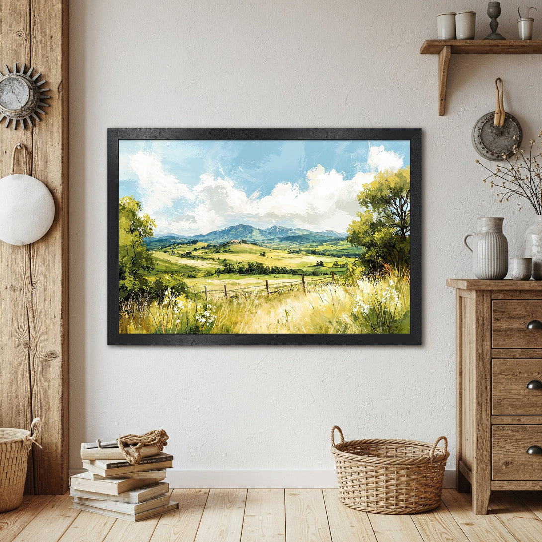 Framed Poster of a serene landscape painting. Featuring a green and yellow color palette with blue skies, perfect wall art.