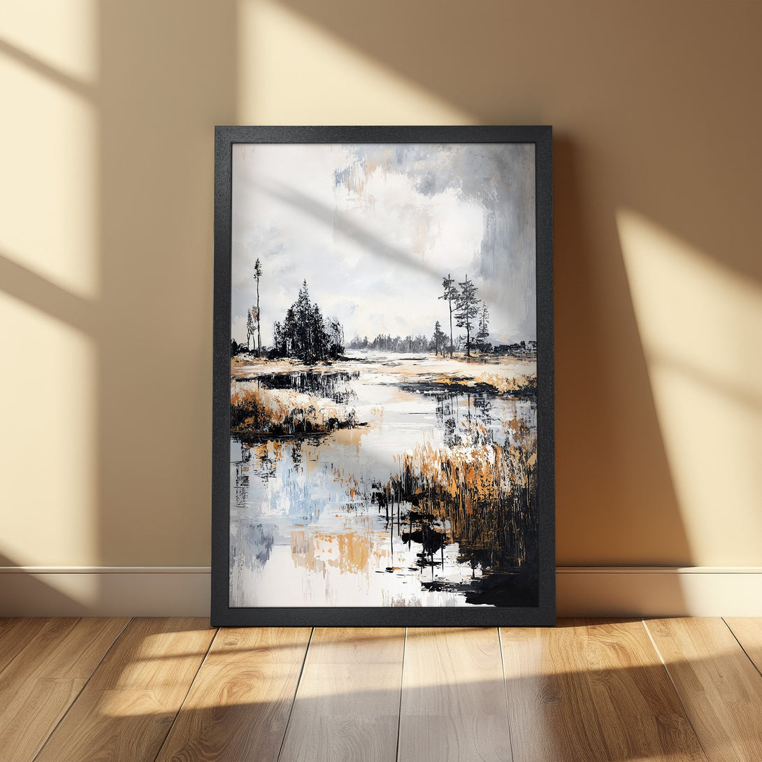 Framed Poster: Abstract landscape art print in neutral tones. Modern wall decor with a calming color palette.