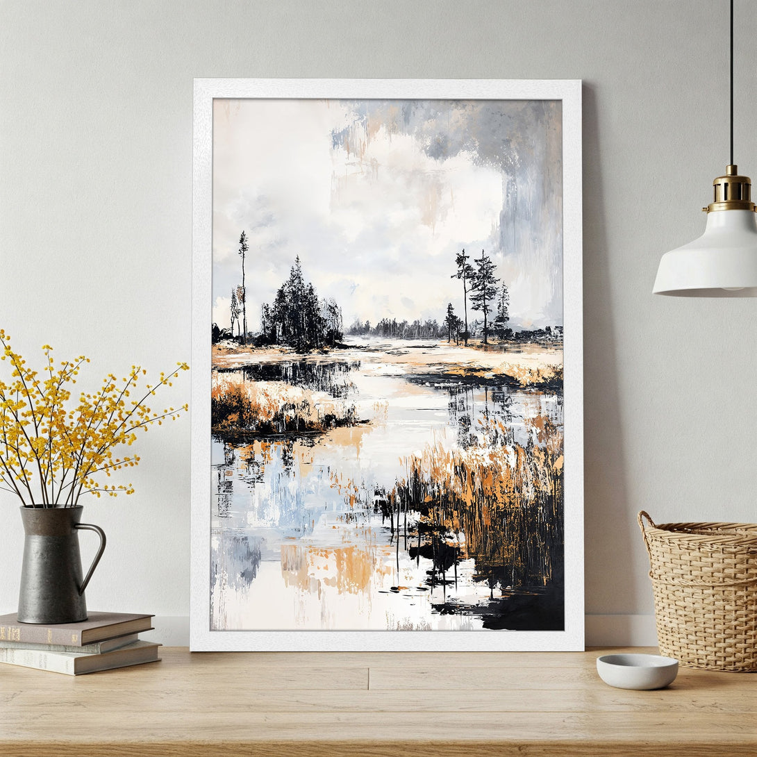 Framed Poster of abstract landscape art in neutral tones. Perfect wall decor for any room, featuring a serene, natural scene.