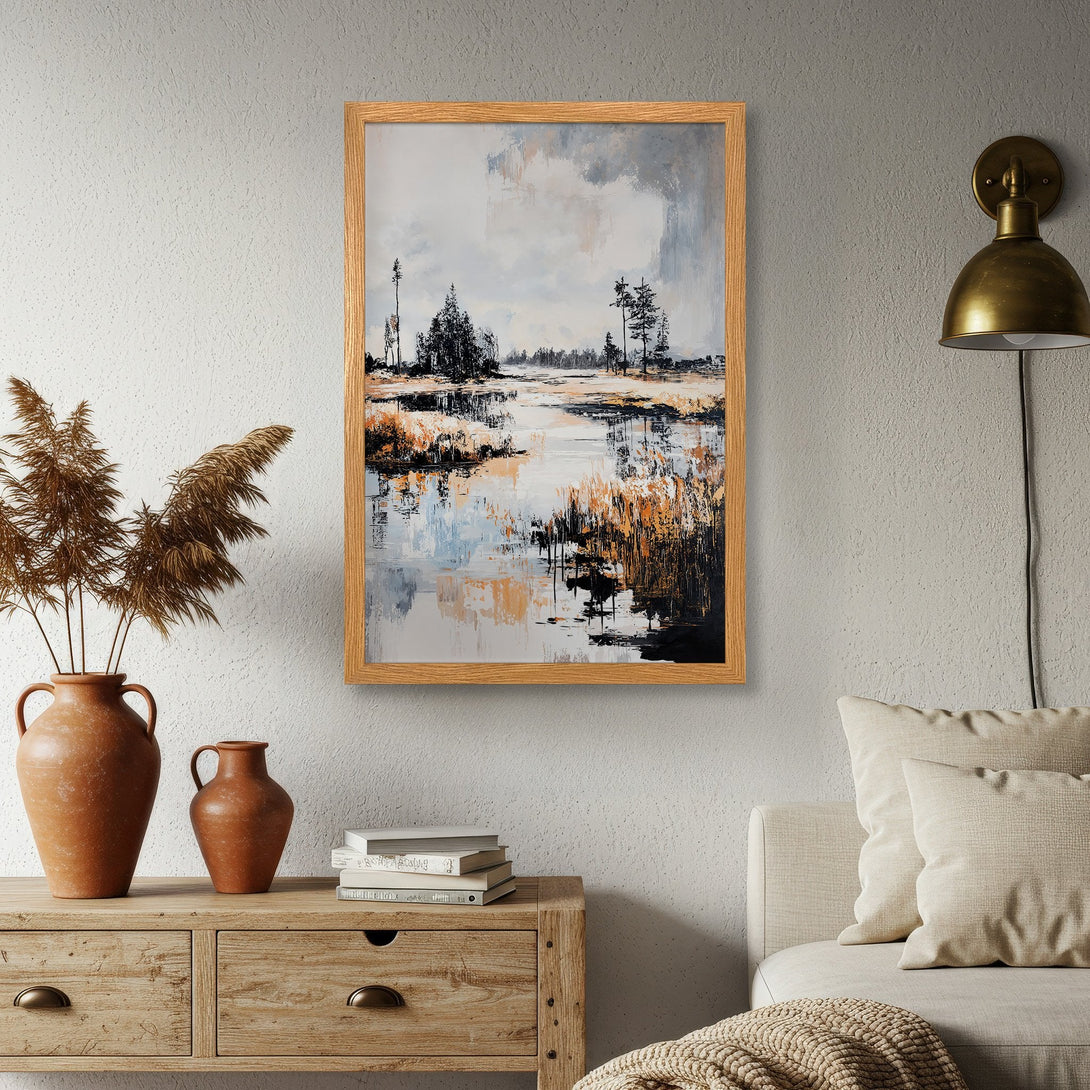 Framed Poster of a serene landscape painting in neutral tones. Perfect wall art for a calming atmosphere.