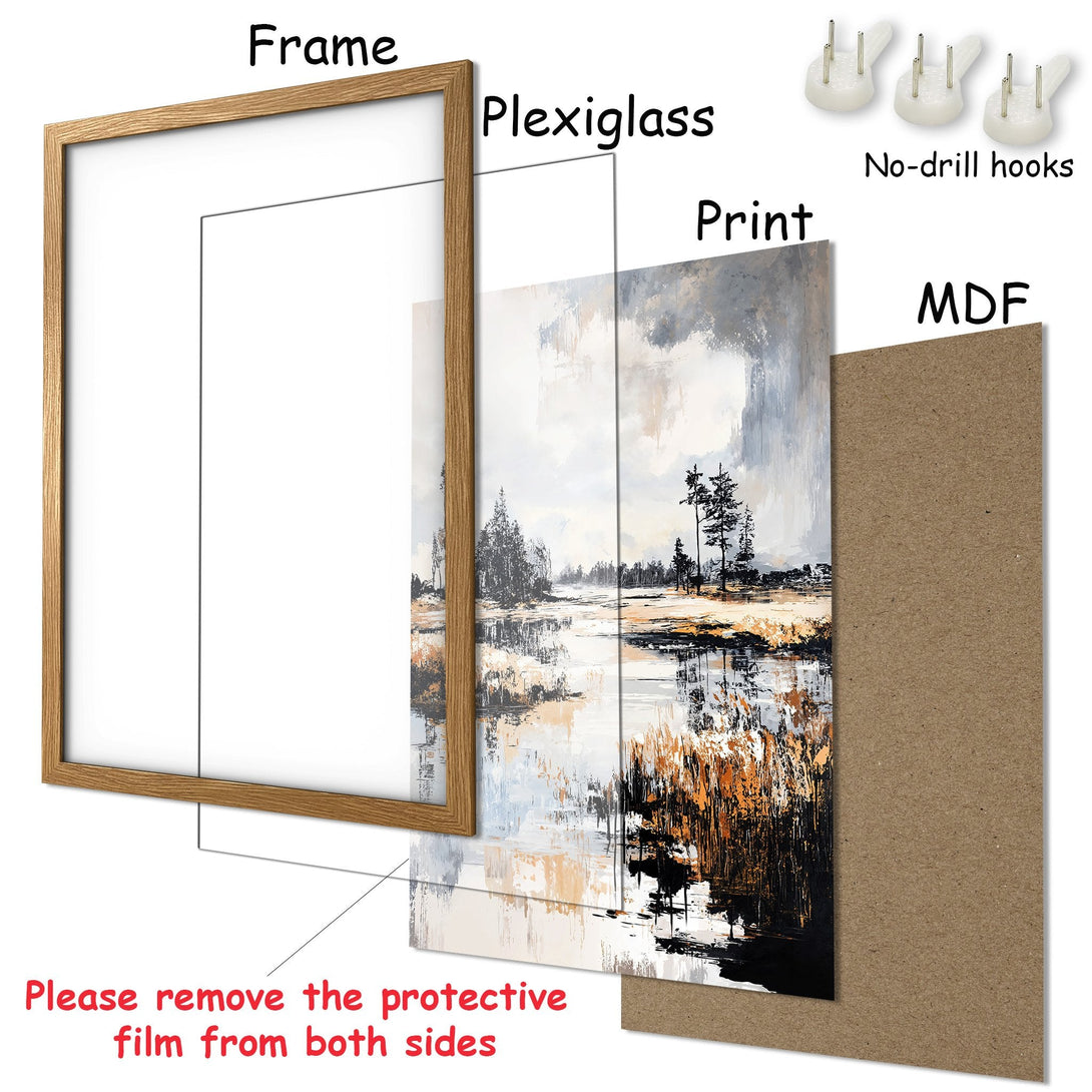 Framed Poster: Abstract landscape art print with neutral tones. Ready to hang wall decor for your home.