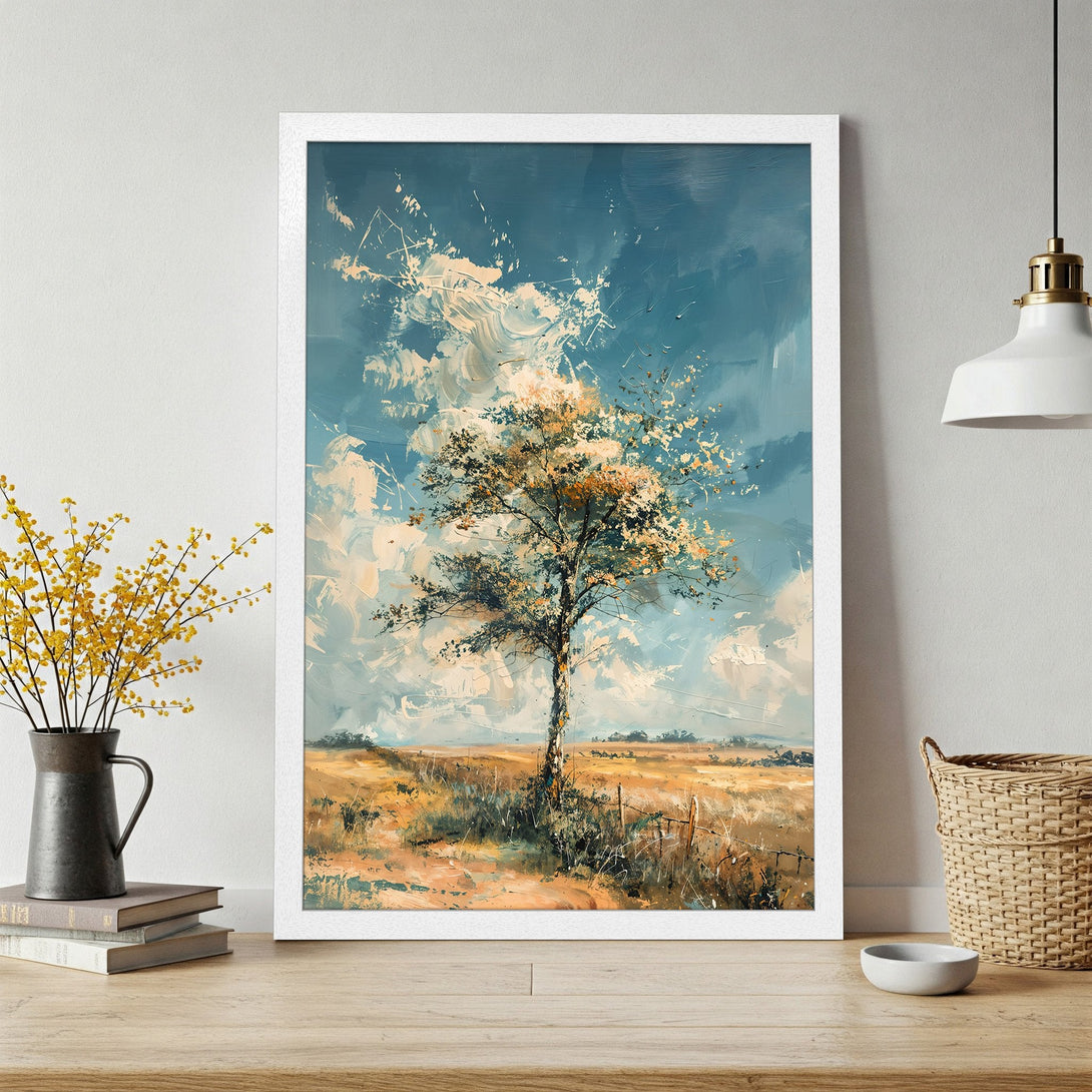 Framed Poster of a tree in an impressionist style, featuring a blue and gold color palette, perfect for home decor.