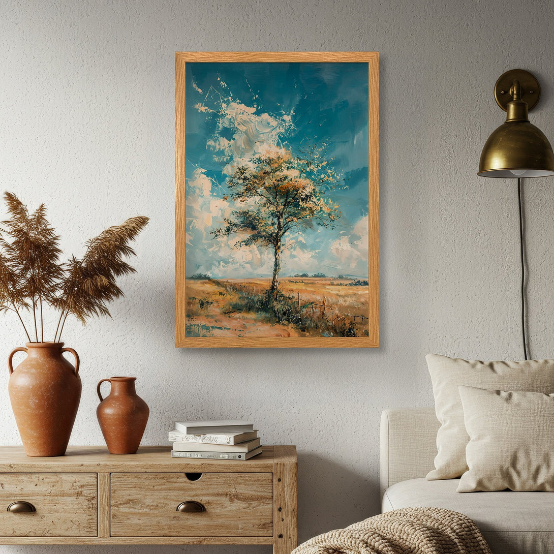 Framed Poster of a tree in a field, impressionist style with a blue, yellow, and brown color palette. Perfect wall art!