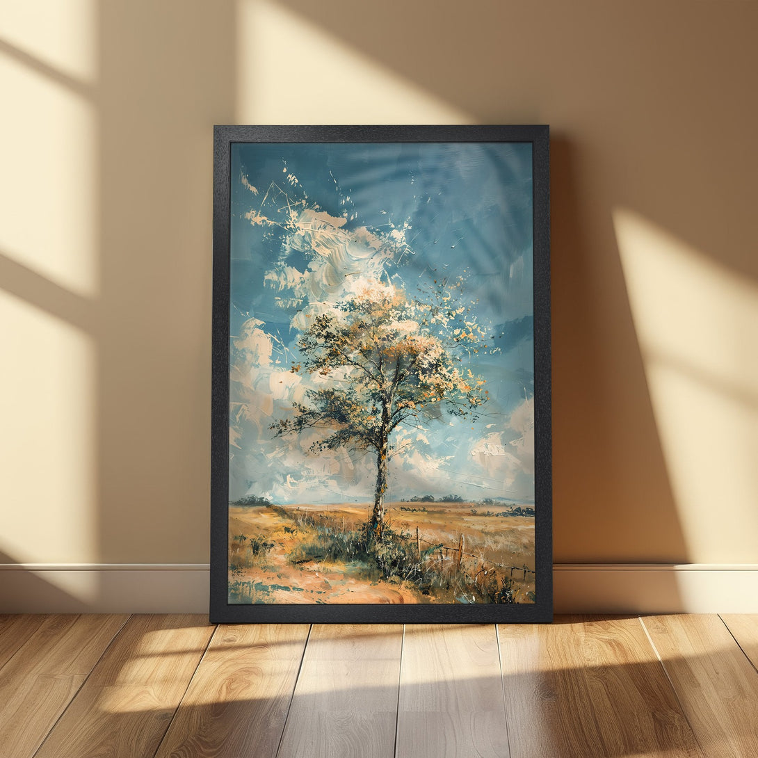 Framed Poster featuring an impressionistic landscape painting of a tree with a blue sky and a warm color palette. Perfect wall art!