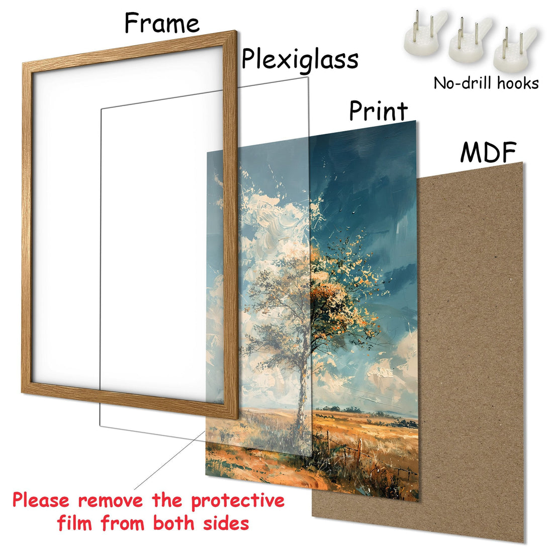 Framed Poster featuring a landscape painting. Artistic style with blue, gold, and brown color palette. Ready to hang art for your home.