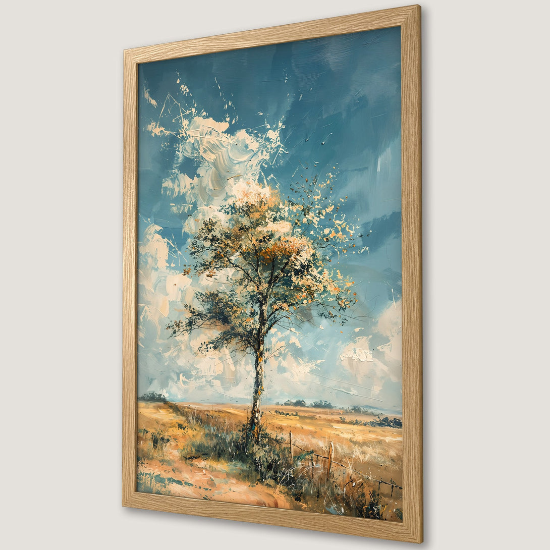 Framed Poster of a tree in a field, impressionist style, blue and gold color palette, perfect wall art for your home.