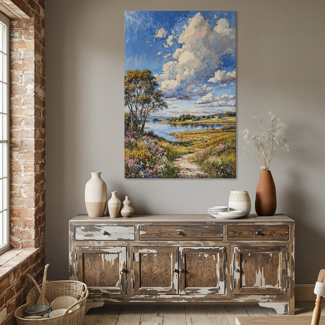 Framed Wall Art: Landscape painting with a serene lake scene, vibrant blue sky, and a warm, inviting color palette. Perfect for adding a touch of nature.