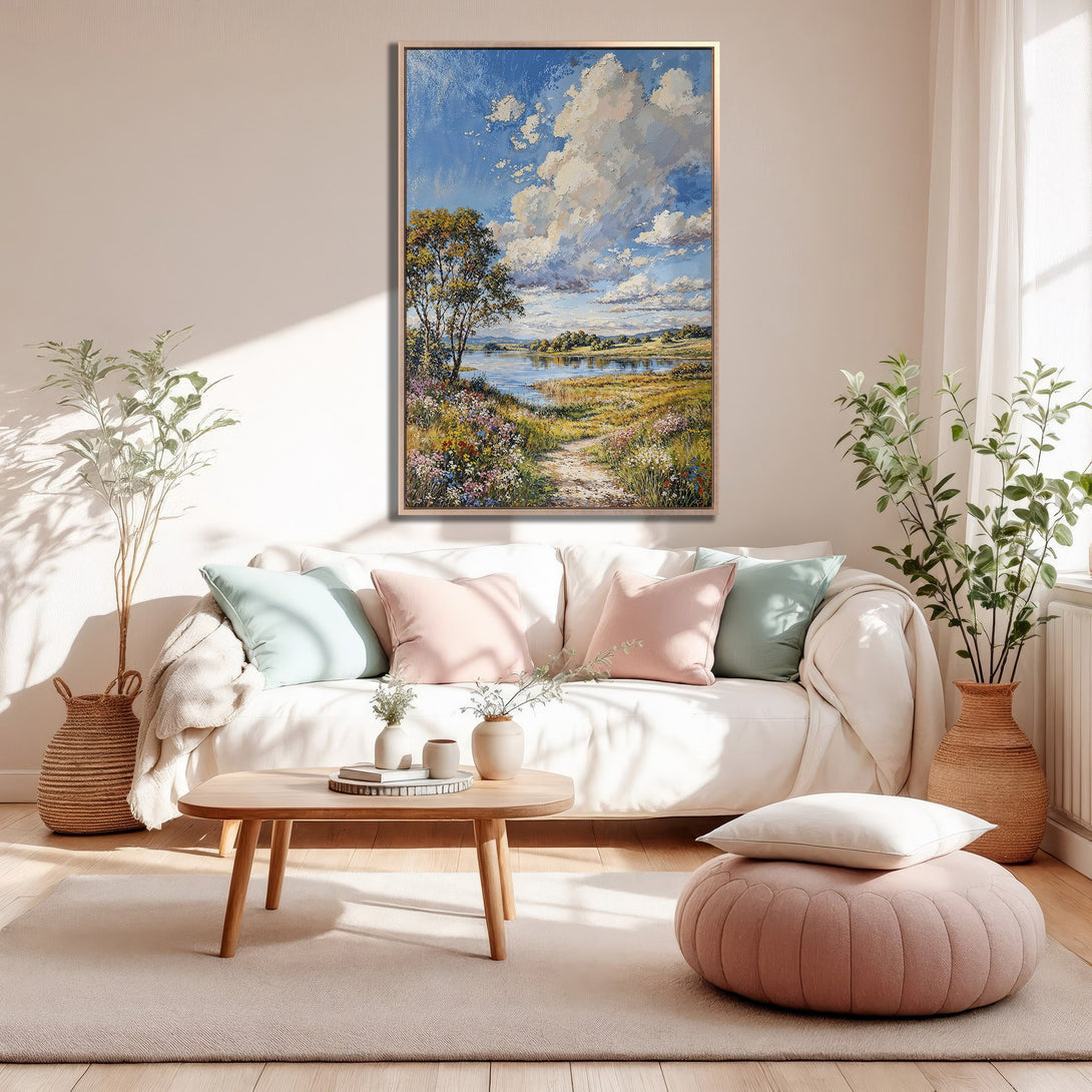 Framed Wall Art: Landscape painting with blue sky, clouds, and lake. Soft, pastel color palette complements the interior. Perfect for home decor.